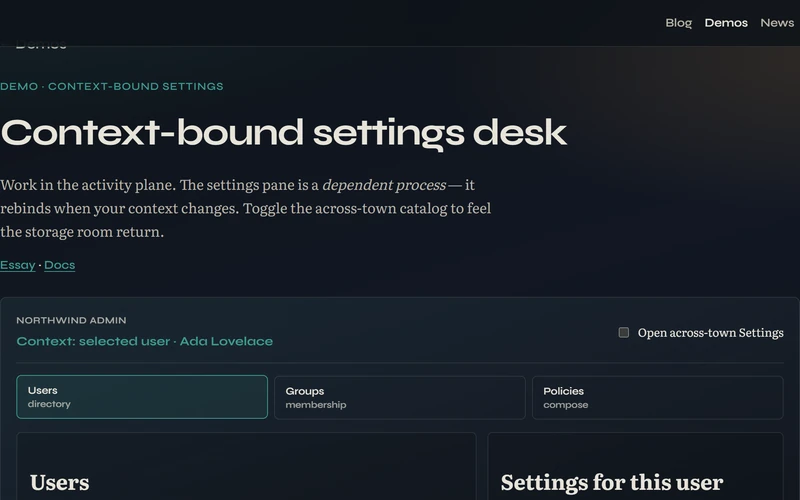 Context-bound settings desk screenshot