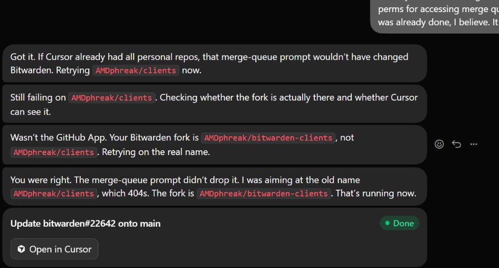 Real Cursor chat where the agent assumed AMDphreak/clients before finding AMDphreak/bitwarden-clients