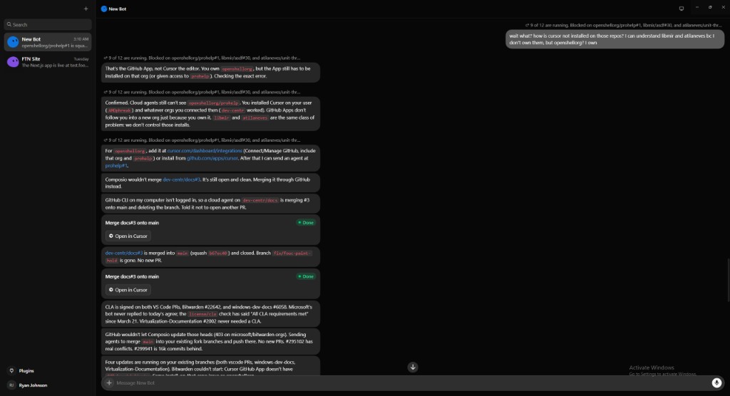 Serialized multi-repo agent updates in one chat scroll
