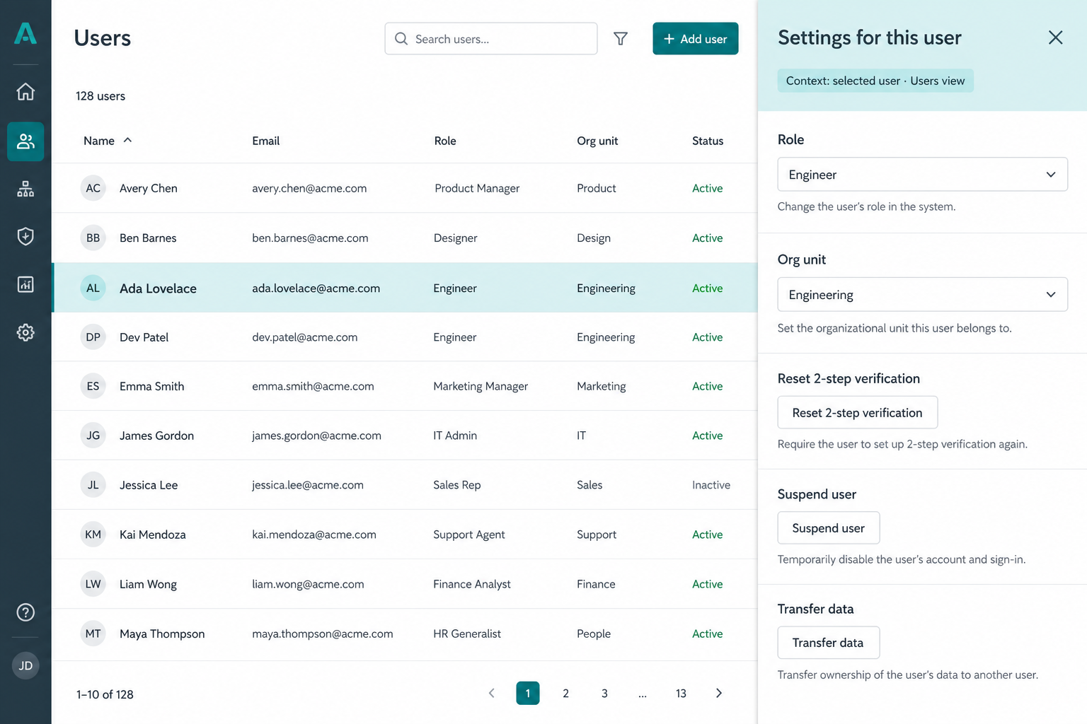 Users table with context-bound settings pane for the selected user