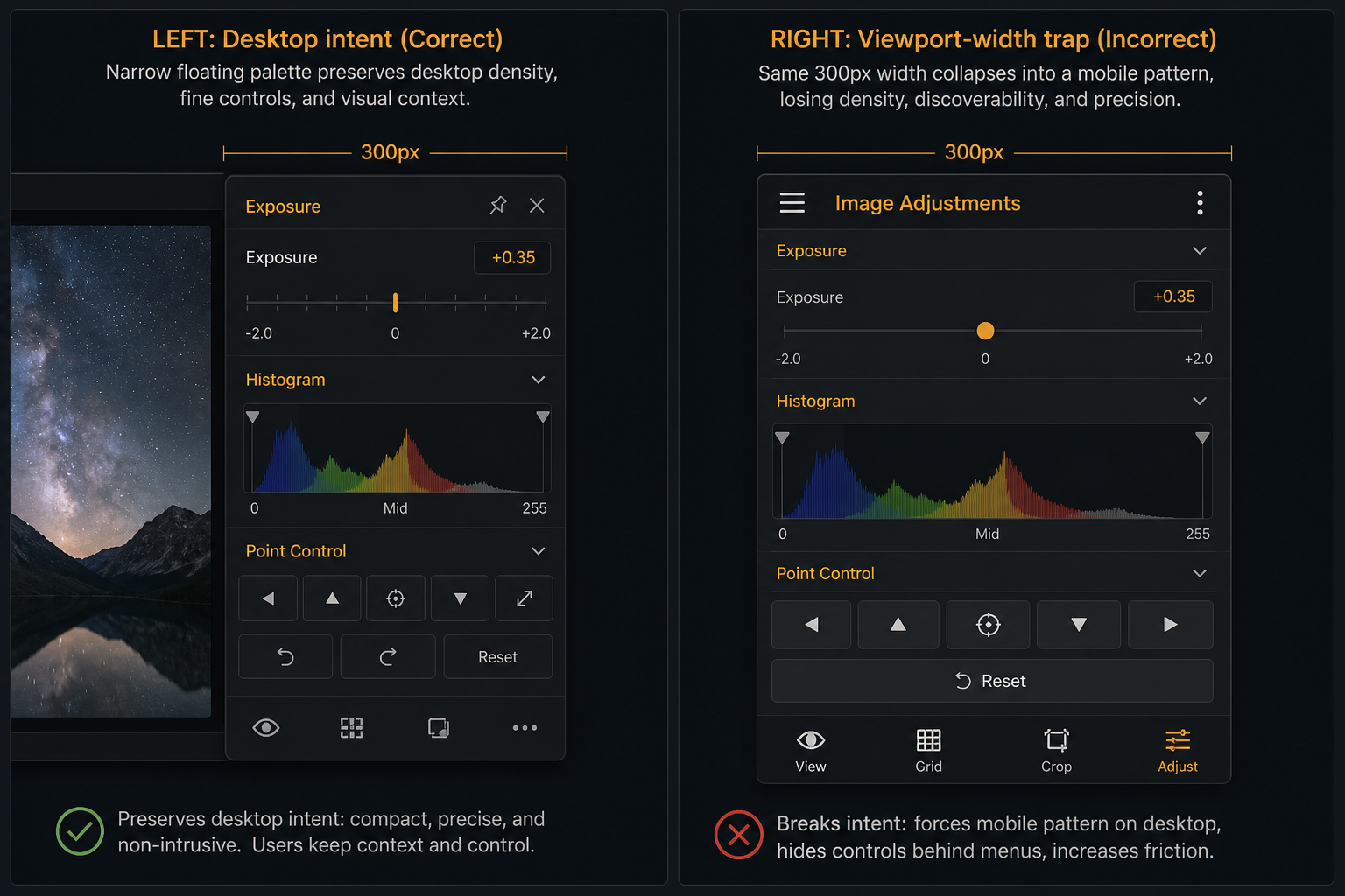 Desktop intent keeps compact palette density at 300px width versus viewport-width responsive collapse