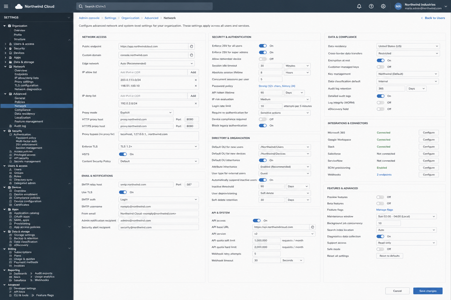 Dense admin settings page disconnected from any live task — the across-town storage room