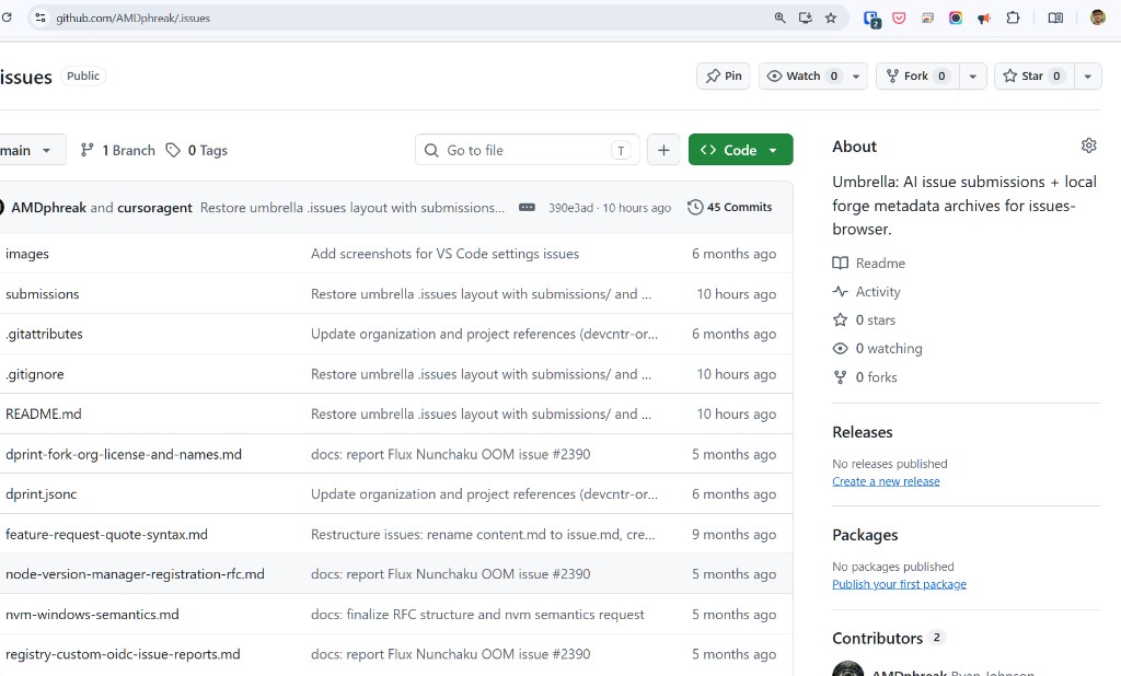 Current GitHub repo page showing empty Releases and Packages