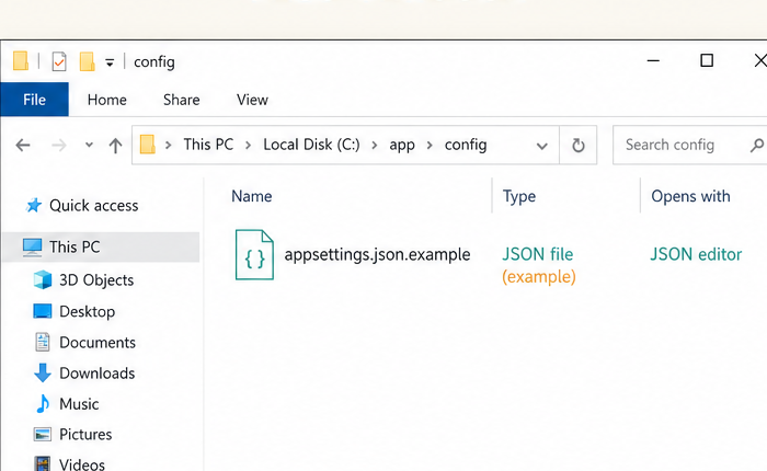 File Explorer with pass-through: same file as JSON with example badge, opens with JSON editor