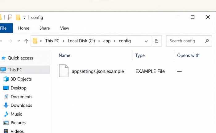 File Explorer today: appsettings.json.example shown as EXAMPLE File with no Open with handler