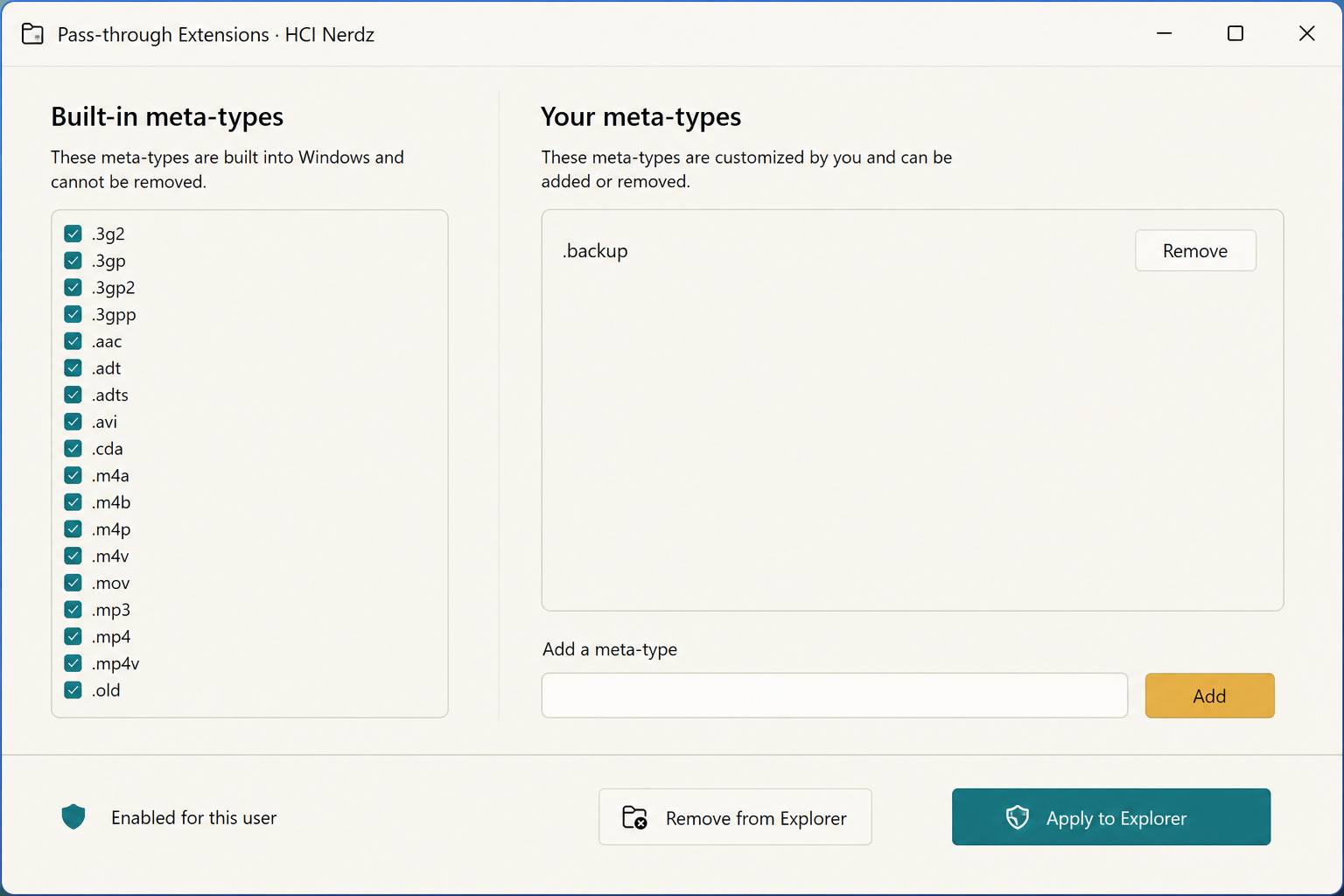 Settings app with a custom .backup meta-type added by the user