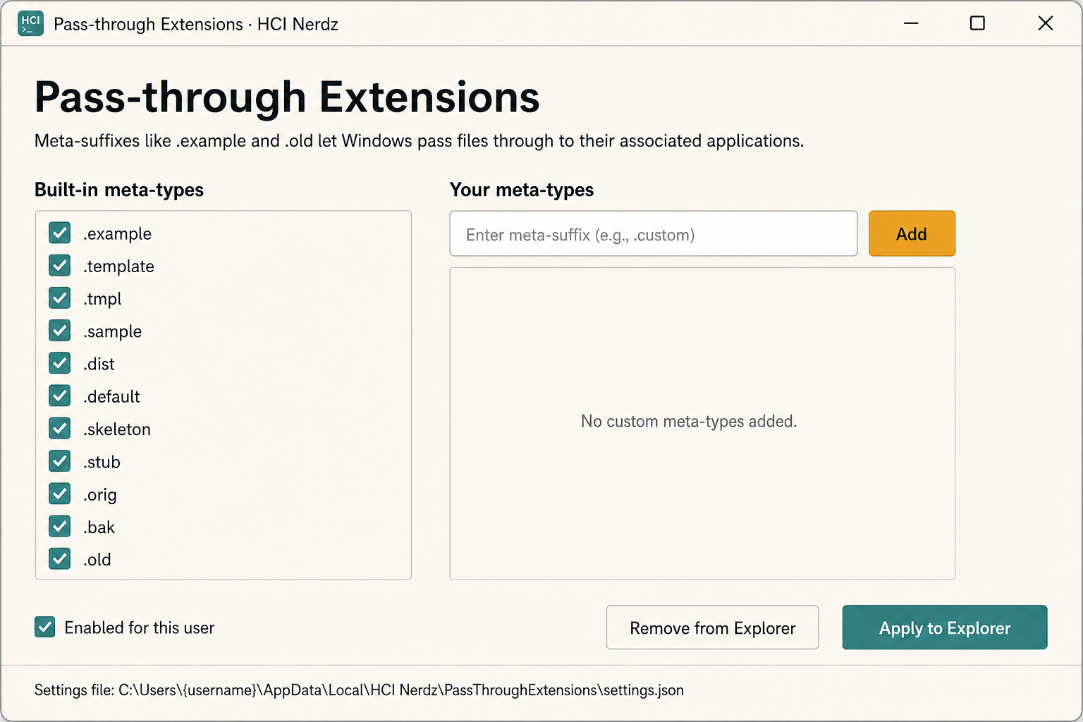 Pass-through Extensions settings app with built-in meta-types and Apply to Explorer