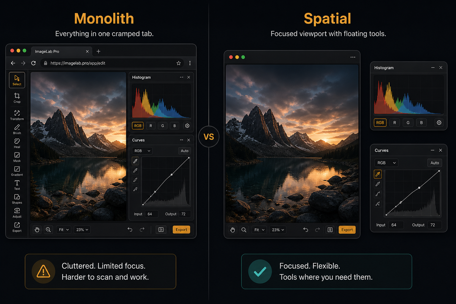 Monolithic browser tab versus spatial layout with torn-off lite windows