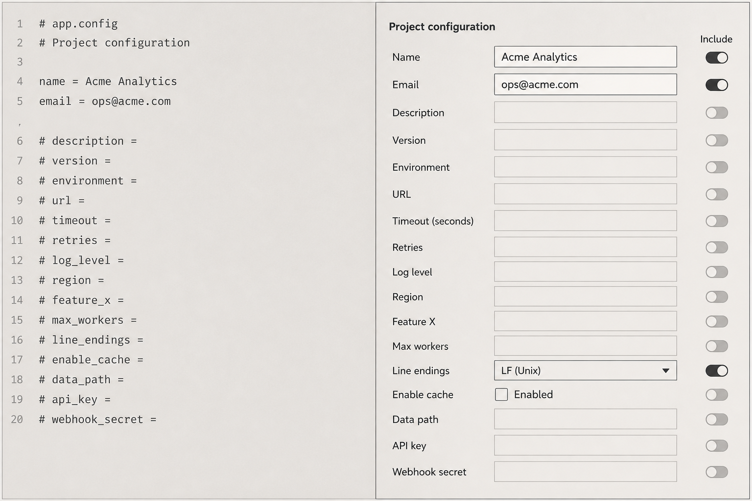 Sparse config text on the left; schema-backed settings rows including unused fields on the right